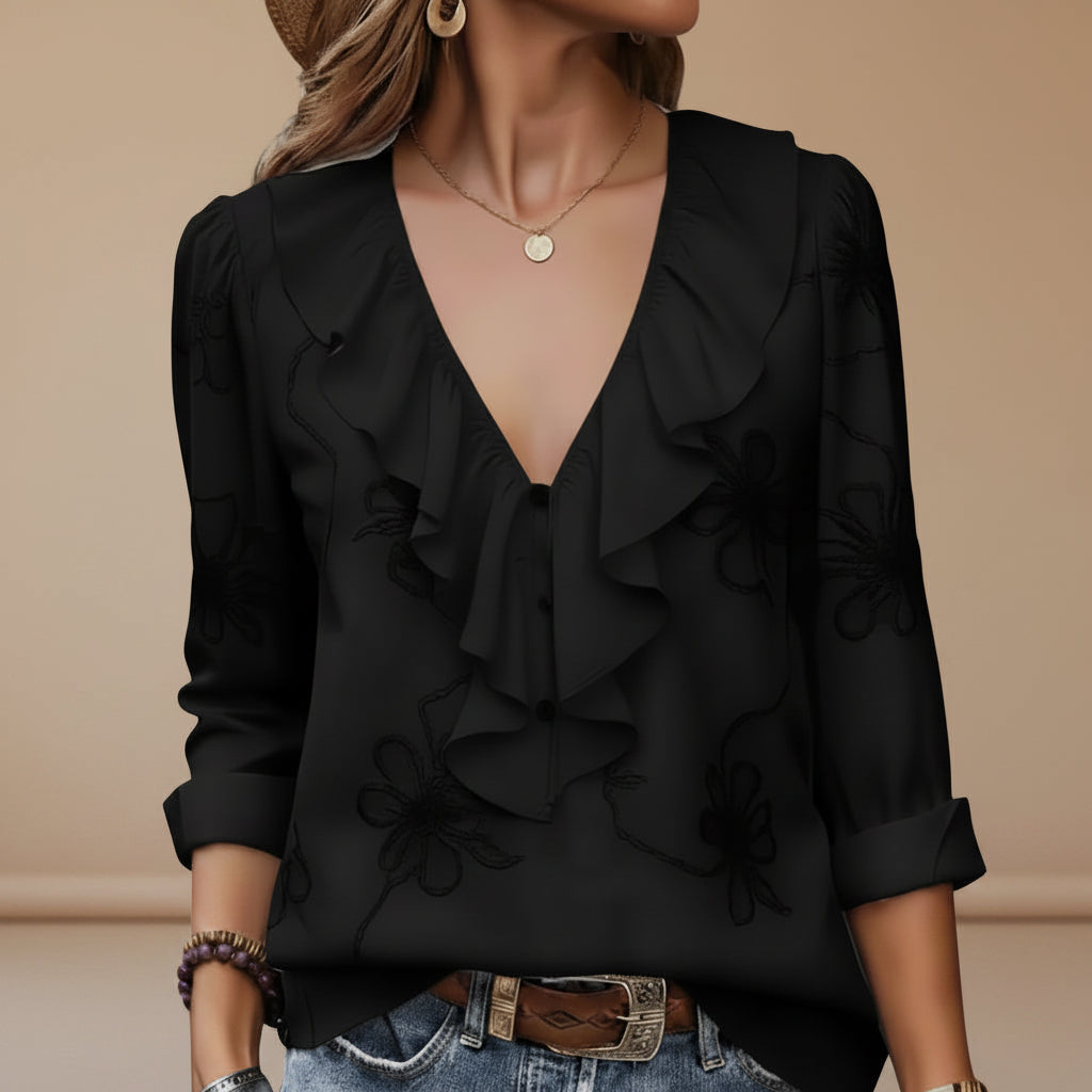 Women's V neck ruffle trim blouse side view