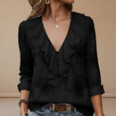 Women's V neck ruffle trim blouse side view