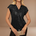 Women's sequin V neck short sleeve regular fit pullover evening party blouse top front view