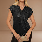 Women's sequin V neck short sleeve regular fit pullover evening party blouse top front view