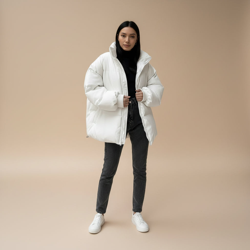 Collar detail of women's winter puffer jacket