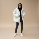 Collar detail of women's winter puffer jacket