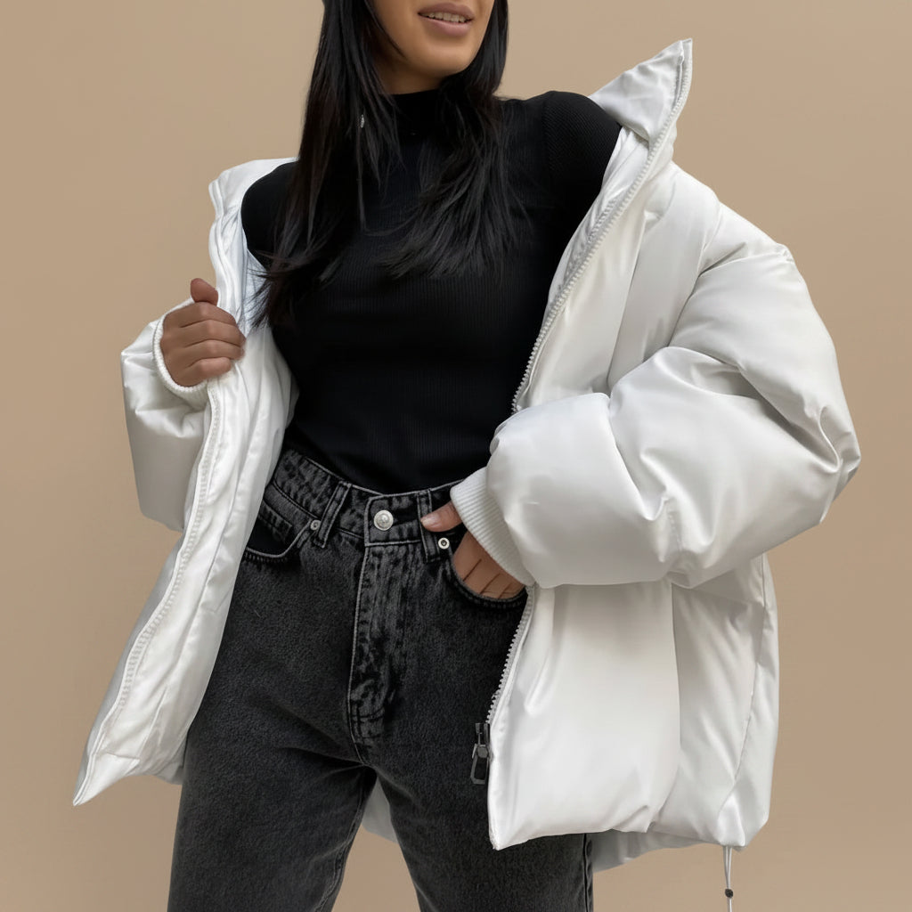 Pocket detail of women's cotton padded puffer coat