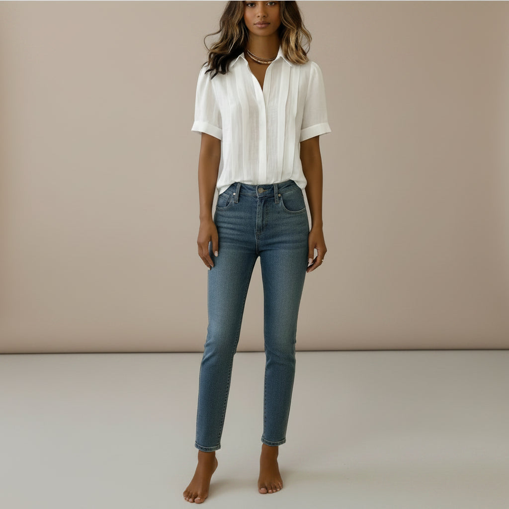 Women's turn down collar short sleeve pleated cotton blend loose fit casual shirt blouse back view