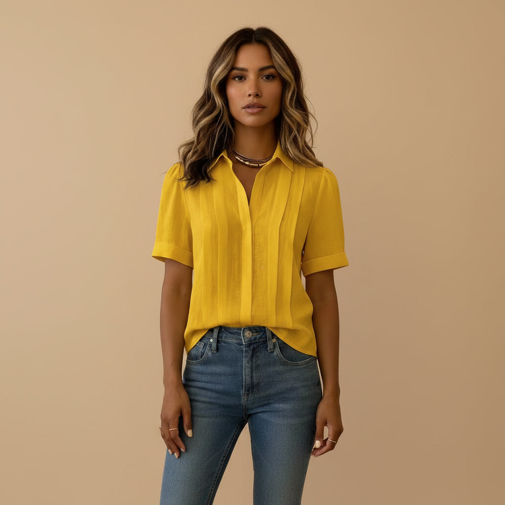 Women's turn down collar short sleeve pleated cotton blend loose fit casual shirt blouse front view
