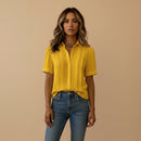 Women's turn down collar short sleeve pleated cotton blend loose fit casual shirt blouse front view