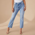 Women's washed distressed ripped cotton denim jeans regular fit full length casual pants front view
