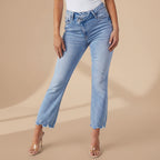 Women's washed distressed ripped cotton denim jeans regular fit full length casual pants front view