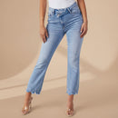 Women's washed distressed ripped cotton denim jeans regular fit full length casual pants front view