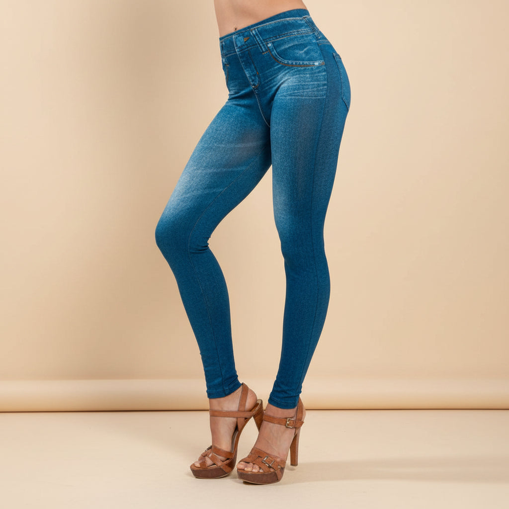 Women's winter warm stretch denim look slim fit leggings jeans back view