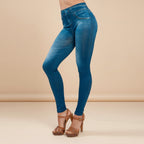 Women's winter warm stretch denim look slim fit leggings jeans side view
