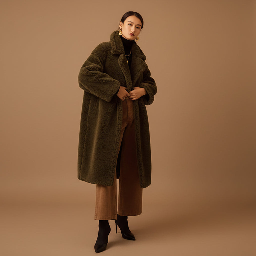 Women's wool long sleeve loose fit mid length winter overcoat back view