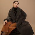 Women's wool long sleeve loose fit mid length winter overcoat front view