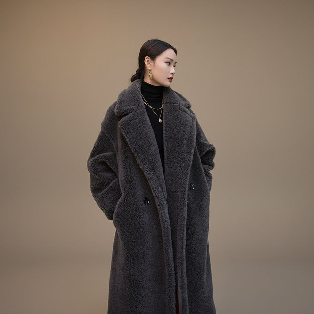 Women's wool long sleeve loose fit mid length winter overcoat left side view
