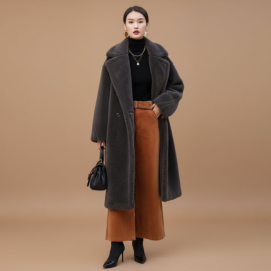 Women's wool long sleeve loose fit mid length winter overcoat right side view